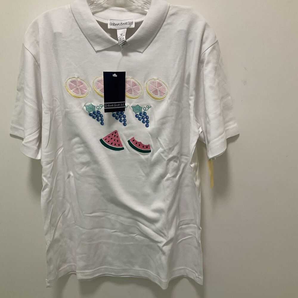 Robert Scott Collared Tshirt  with embroidered fruit NWT Grandma Core Size Large